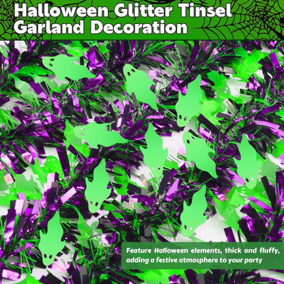 50 FT Halloween Tinsel Garland, Thick Glitter Tinsel Garland Hanging Streamers Green Ghost Metallic Holiday Tinsel Hanging Oranment for Halloween Party Supplies Indoor Outdoor Decoration