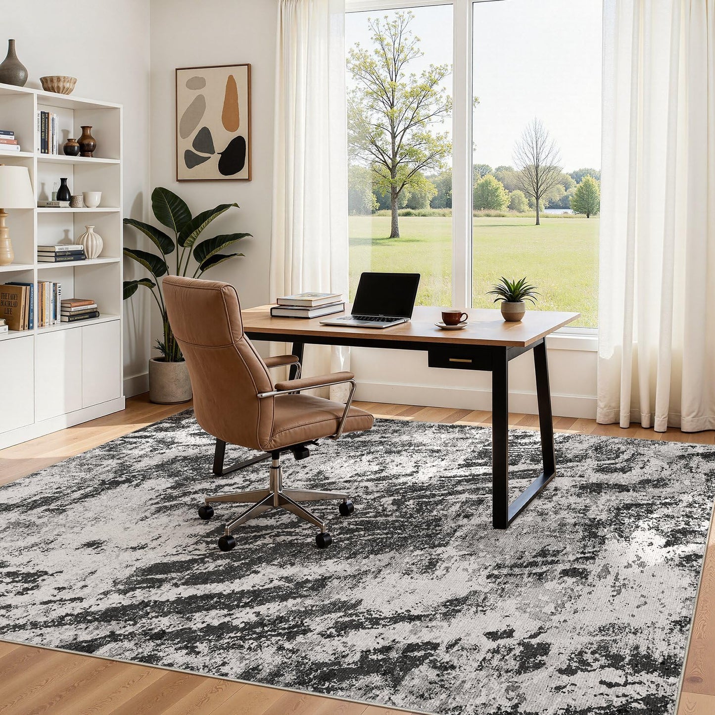 DMOYEST 5x7 Washable Area Rug: Abstract Modern Non-Slip Carpet, Soft Low Pile Indoor Neutral Easy Clean Floor Rugs for Living Room Bedroom Dining Room Kids & Pets - Black