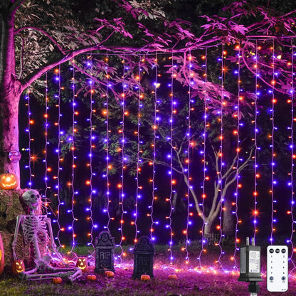 JMEXSUSS 300LED Orange and Purple Halloween Curtain Lights with Remote, 9.8x9.8ft Window Twinkle Hanging String Lights Plug in, Halloween Lights for Bedroom Wall Party Backdrop Indoor Outdoor Decor