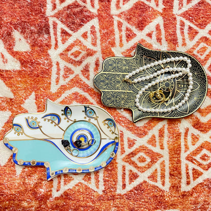 Exquisite Small Ceramic Jewelry Tray - Trinket Dish Evil Eye Decor, Gold Plate Ring Holder, Modern Boho Home Essentials, Perfume Organizer, Witchy, Aesthetic Room Decor (Black Hamsa)