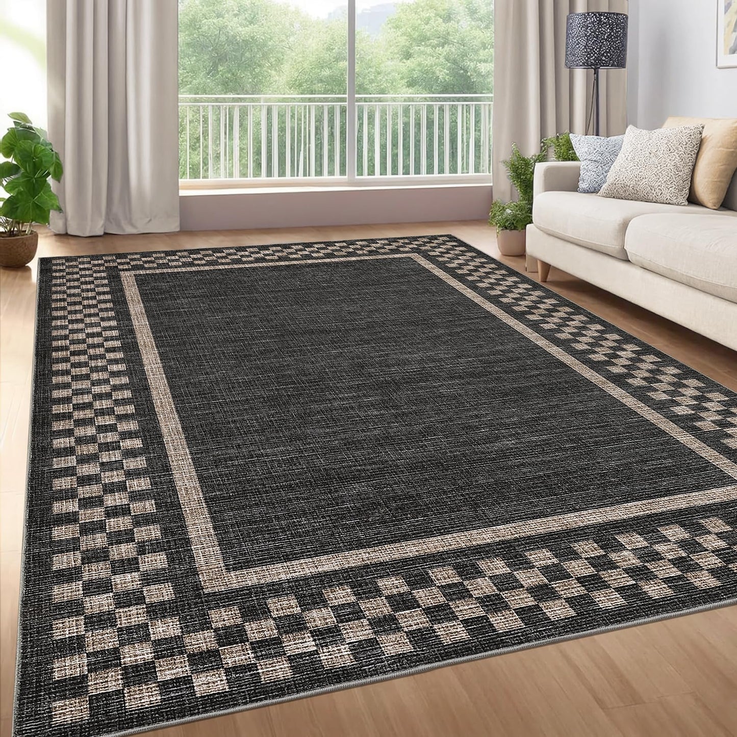 Small Bedroom Area Rug 3x5 Checkered Area Rug for Living Room Nursery Non Slip Kitchen Throw Carpet Low Pile Modern Bordered Rugs Washable Bathroom Mat Soft Brown Rugs for Laundry Entryway, Black