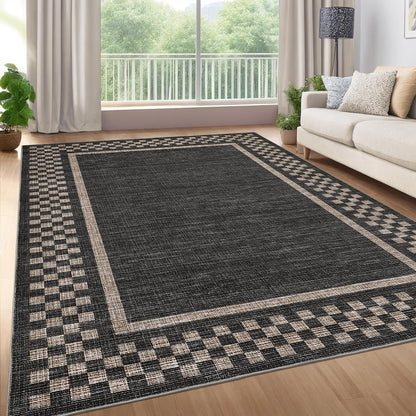 Small Bedroom Area Rug 3x5 Checkered Area Rug for Living Room Nursery Non Slip Kitchen Throw Carpet Low Pile Modern Bordered Rugs Washable Bathroom Mat Soft Brown Rugs for Laundry Entryway, Black