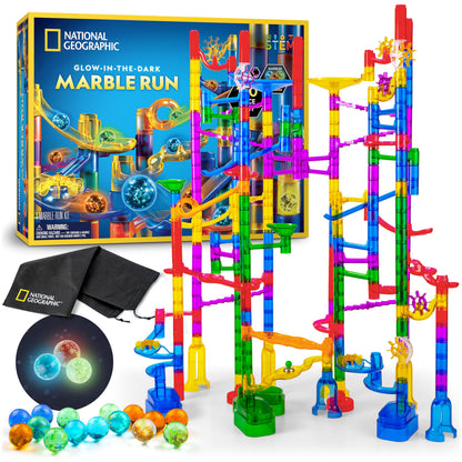 NATIONAL GEOGRAPHIC Glowing Marble Run – 150 Piece Construction Set with 30 Glow in the Dark Glass Marbles & Storage Bag, STEM Gifts for Boys and Girls, Building Project Toy (Amazon Exclusive)