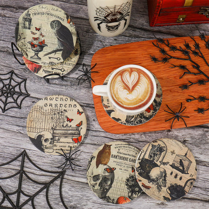 Whaline 6Pcs Halloween Coasters with Holder Vintage Owl Crow Skull Ceramic Drink Coasters Absorbent Cup Mat for Home Kitchen Party Table Protection
