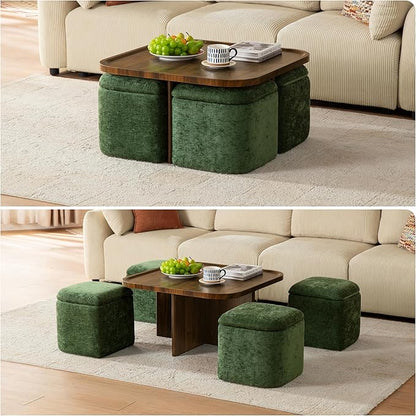 Square Coffee Table with Stools Underneath, Wood Ottoman Coffee Tables with 4 Chenille Storage Ottomans & Seats, Mid-Century Modern Coffee Table with Chairs for Living Room, Small Space, Walnut&Green