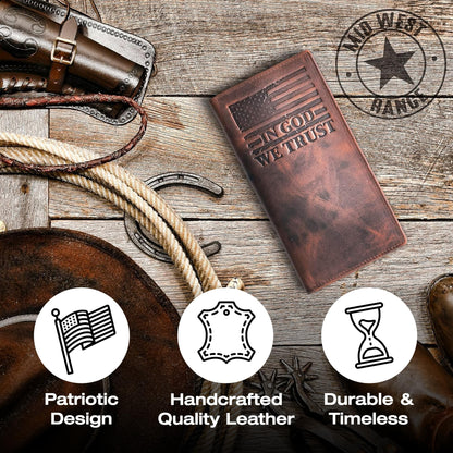 American Flag Long Wallet for Men - Western Wallets for Men with ‘IN GOD WE TRUST’ – Distressed Full Grain Leather – RFID Blocking Long Bifold Cowboy Wallet – Patriotic Father's Day (7 Inches)