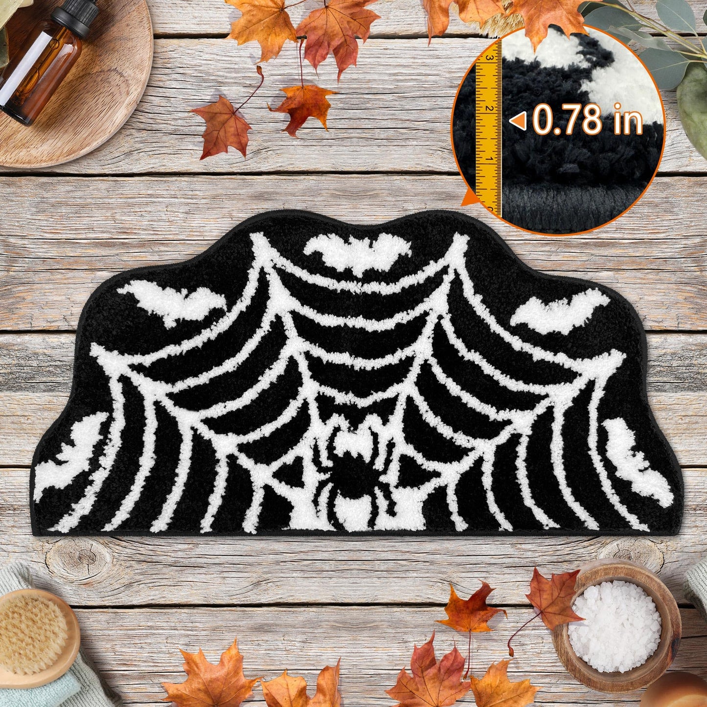 Hexagram Spider Web Bath Mat, Halloween Bathroom Rug 14x27.5 Inches, Halloween Rugs Bathroom Decor, Black Gothic Bath Mat, Ultra Soft Great Absorbency