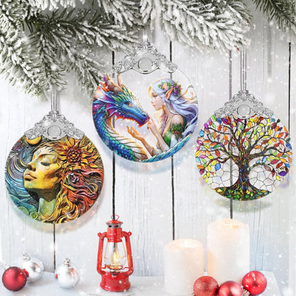 Jocidea Enchanted Elf & Dragon Christmas Ornament - Stained Glass Hanging Decor - Tree Decoration - Gift for Friends, Sisters