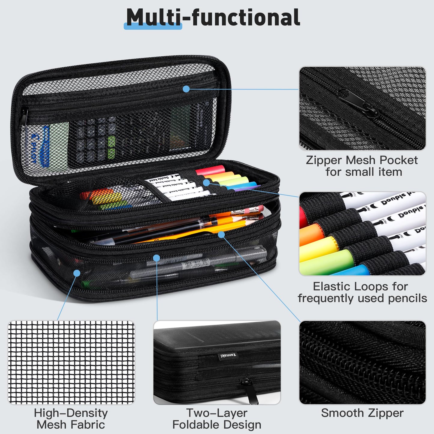Zannaki Mesh Large Pencil Case,Expandable Pencil Bag with Large Compartments,Big Capacity Pencil Pouch Organizer with Zipper, Portable Stationery Pen Bag,Deformable School Supplies For Teen Girls Boys