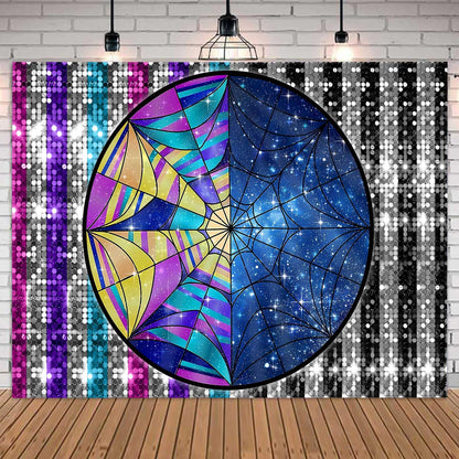 QICAIYUN Wednesday Birthday Backdrop Spider Web Window Background Colorful Sky Birthday Party Backdrop Halloween Party Decorations Studio Banner Props 7x5ft YUNBDJ1024