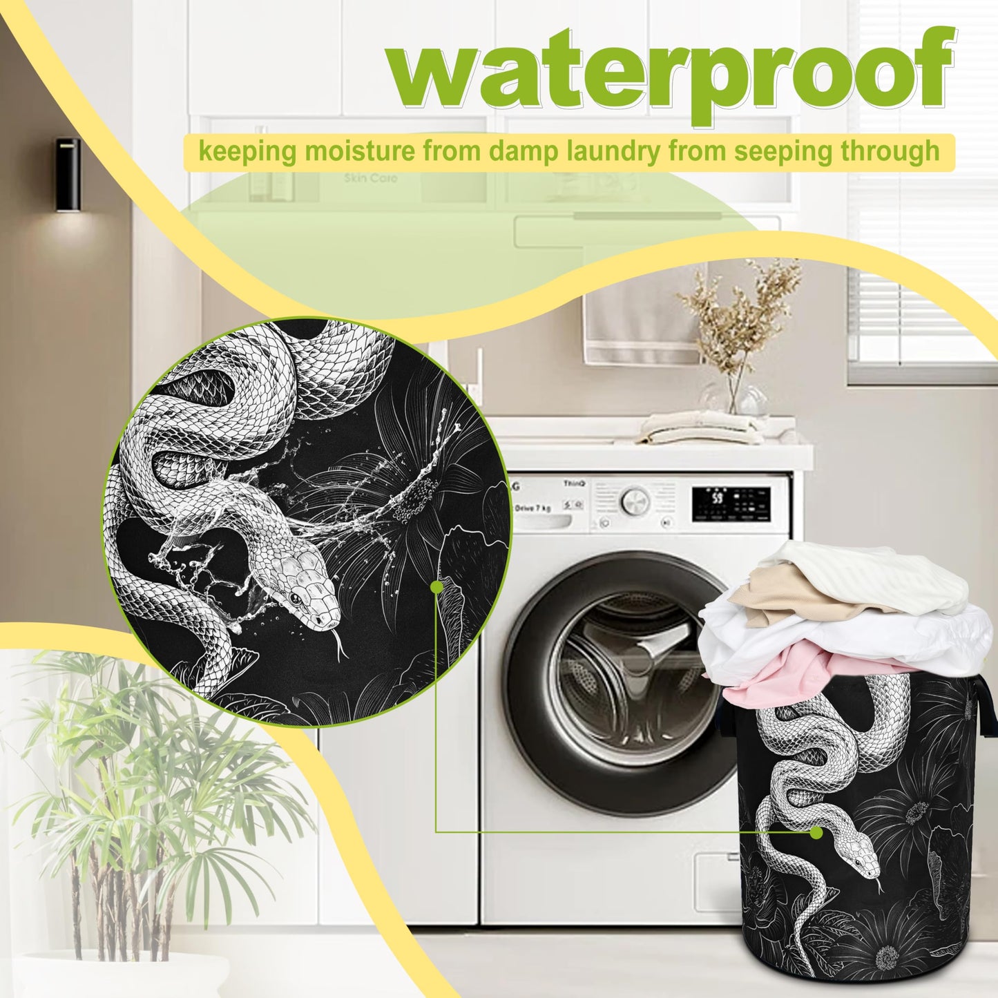 Snake Laundry Basket Floral Prints Funny Foldable Waterproof Oxford Cloth Tote Bag Laundry Hamper Round Large Clothes Storage Bucket Organizer For Bathroom/Laundry Storage/Bedroom 18.9x16.5 Inch