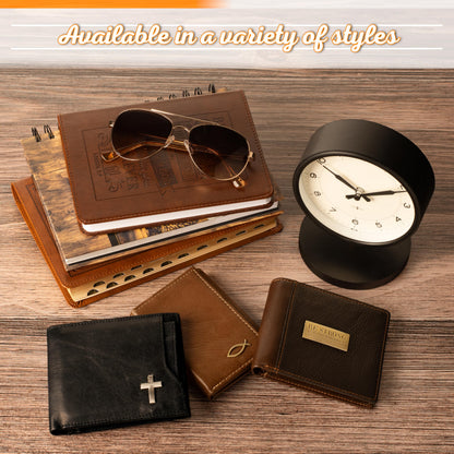 Christian Art Gifts Premium Full Grain Leather RFID Blocking Compact Trifold Wallet for Men, Inspirational Jesus Fish, ID, Credit Card, Cash Storage Accessory, Smooth Brown