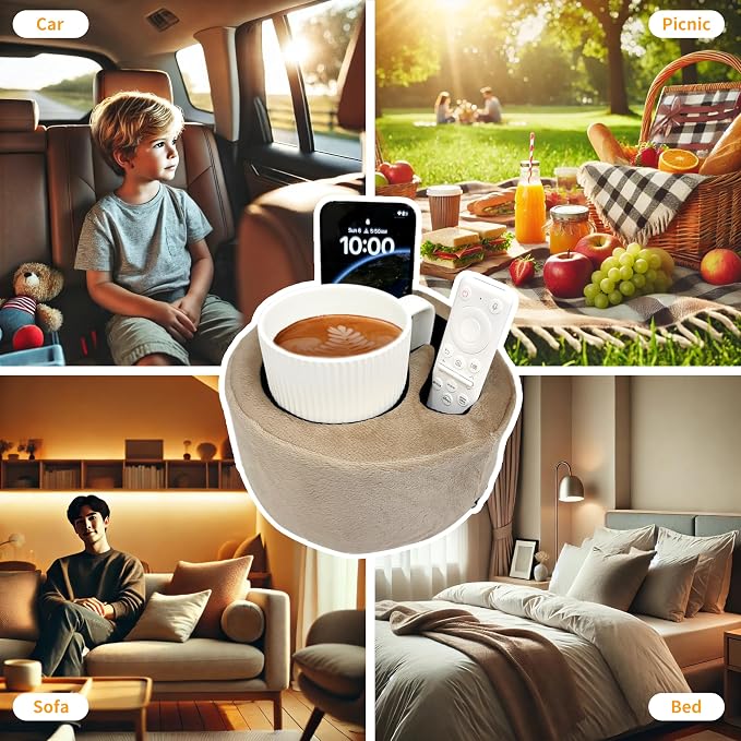 Xchouxer Couch Cup Holder Pillow, Sofa and Bed Organizer Caddy for Drinks, Remotes, Phones (Beige)