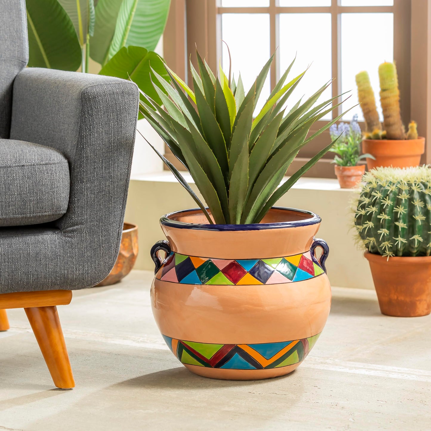 Evergreen Garden Talavera Mexican Pottery Ceramic Chata | Flower Pot Plant Succulent | Indoor Outdoor (14 in. Multicolor Striped)