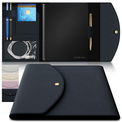 A5 Notebook Cover for Rocketbook, Planner & Journal – Slim Vegan Leather Folio with Pen Loop, Card Slots & Pockets – Fits Rocketbook Core, Panda, Fusion & Most 6" x 8.8" Notebooks