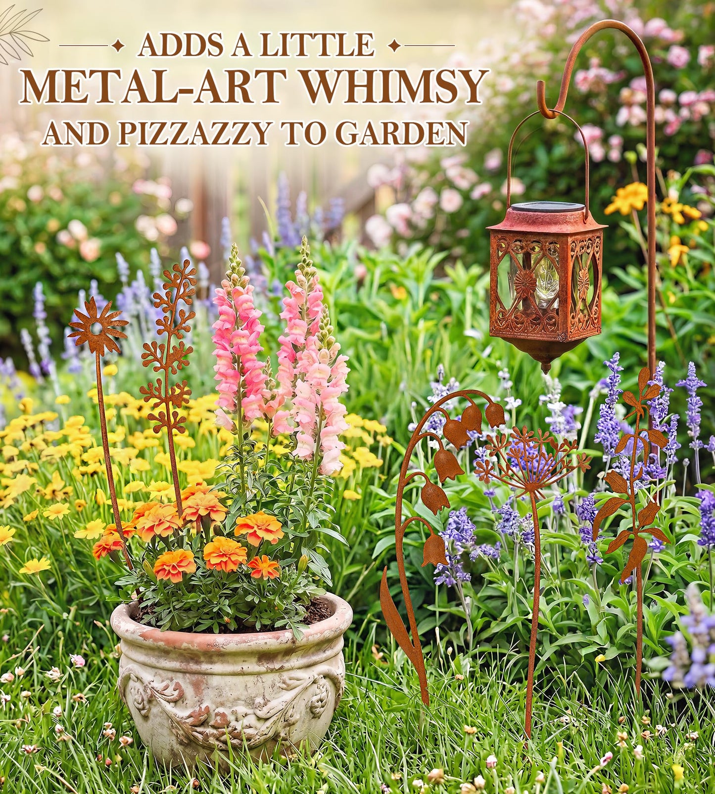 VIS'V Metal Decorative Garden Stakes, 15.7 Inch Rusty Flower Plant Yard Art Stakes for Outdoor Indoor Decor, 5 Pcs