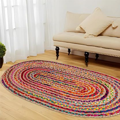 Savi Home Oval Jute Cotton Chindi Rug 3'x5' – Multicolor Braided Area Rug for Living Room, Kitchen, Entryway, Farmhouse & Bathroom – Handwoven Recycled Cotton Floor Mat