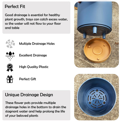 RUBBER BOND Plastic Plant Pots 3 Pack - Modern Indoor/Outdoor Planters for Home Decor - Weather-Resistant Flower Pots - Ideal for Stylish Garden and Patio Decor (Blue Round)