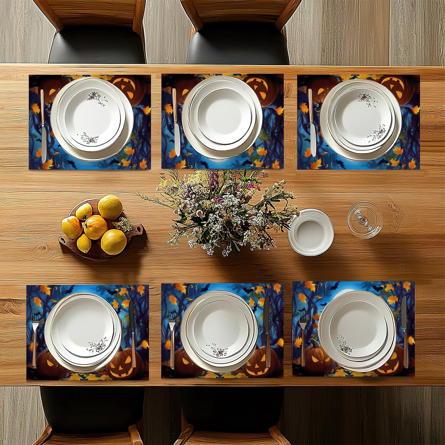 Black Cat Placemats Set of 6,Halloween Pumpkin Heat Resistant Non Slip Table Mats,Washable Wipe Clean Dining Placemats 12 x 18 Inches
