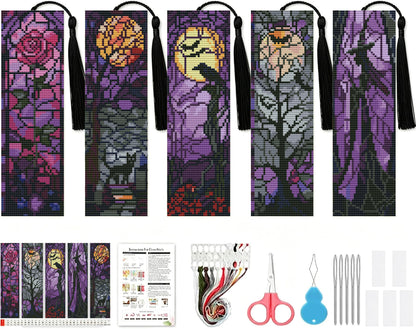 NEGEKFKX 5 Pcs Halloween Cross Stitch Bookmark Kit for Adult Beginners,Witch Stitch Kits 14 CT DIY Cross Stitch Kits Adult Stamped Bookmark Embroidery Bookmarks Kit