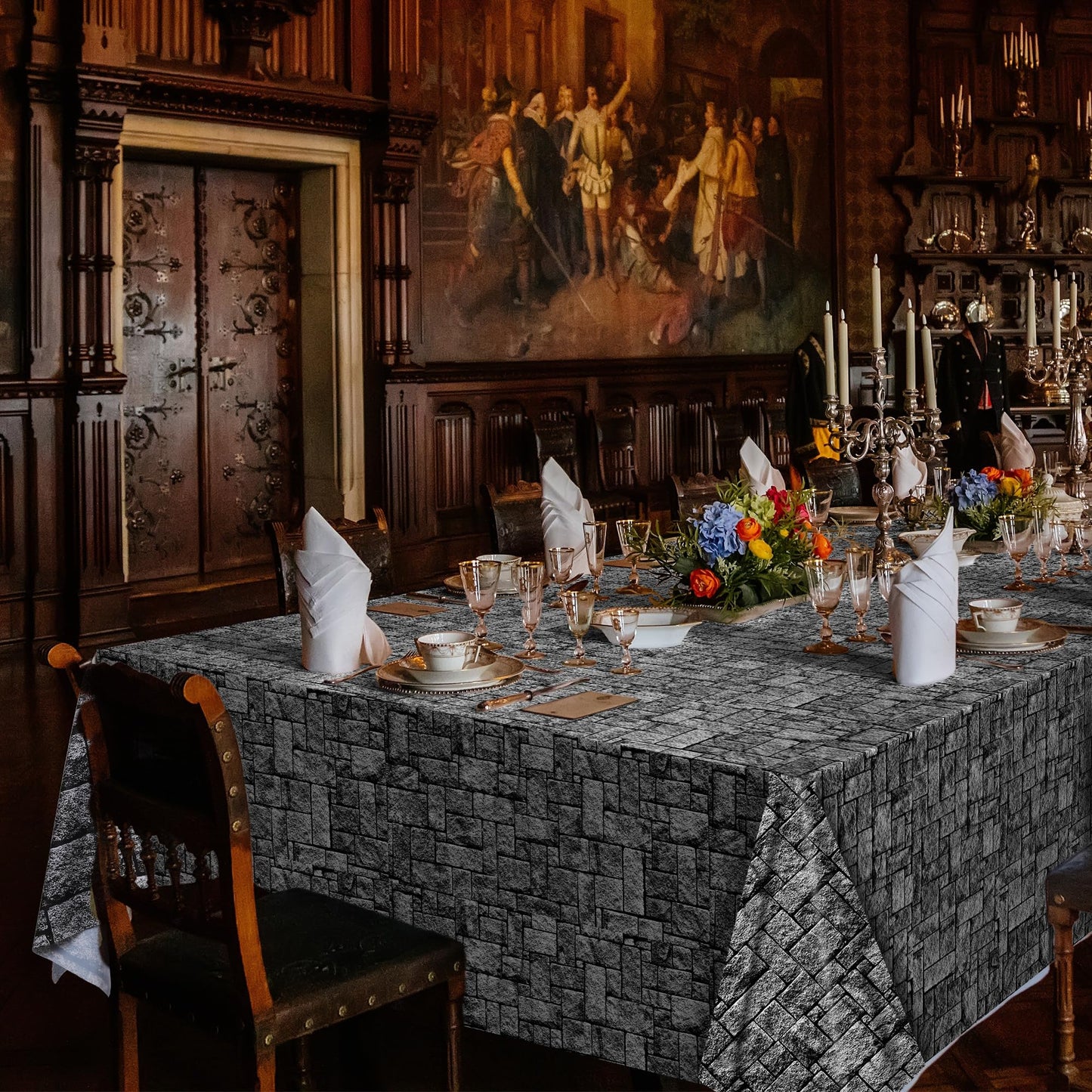 Kochorie 100 Ft x 54 Inch Stone Wall Tablecloth Roll with Cutter Box Disposable Plastic Stone Table Cover Medieval Stone Brick Table Cloth Dirt Floor Wall Backdrops for Farm Wedding Birthday Party