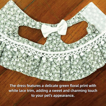 SMOLKITH Rabbit Clothes - Bunny Adjustable Green Floral Dress with Leash, Small Animal Apparel for Walking - Fits Guinea Pigs, Chinchillas, Meerkats, Prairie Dogs, Pet Rats and More