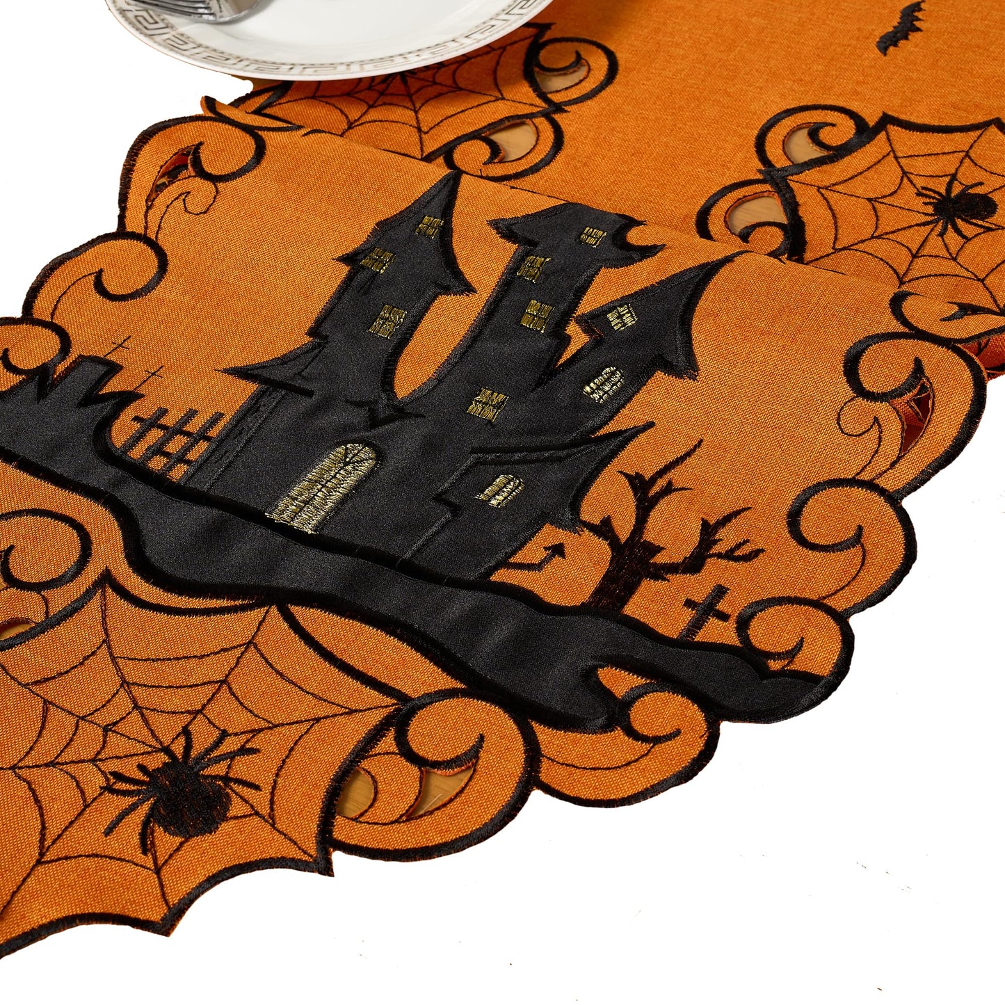 AMARED Halloween Table Runner, Embroidered Spooky Bats Spider Dresser Scarf for Fall Holiday Decoration 13 X 69 Inch