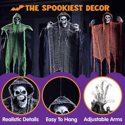JOYIN 3 Pcs Halloween Hanging Grim Reapers, one 63” Two 47” Grim Reapers, Halloween Skeleton Outdoor Decoration Flying Ghost for Haunted Haunted House Prop, Party Supplies Decor