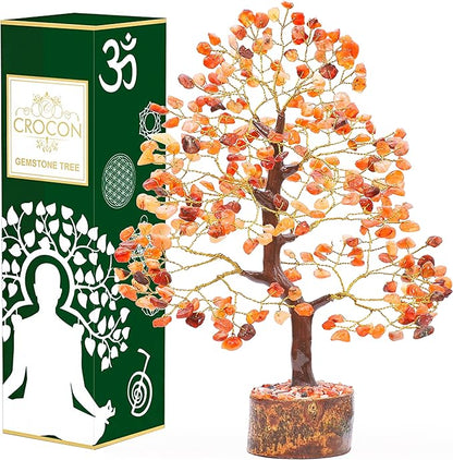 Crocon Carnelian Chakra Tree of Life - Crystal for Positive Energy, Handmade Gemstone Feng Shui Decor, Good Luck Money Tree Bonsai - Orange Healing Crystals for Sacral Chakra, Prosperity Gift