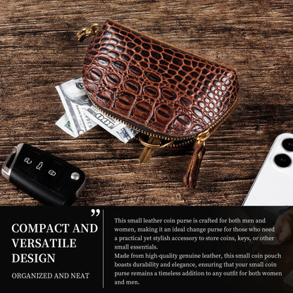 Gexmil Genuine Leather Coin Purse with Zipper, Full Grain Leather, Mini Coin Pouch for Women Men, Change Wallet,Crocodile Brown