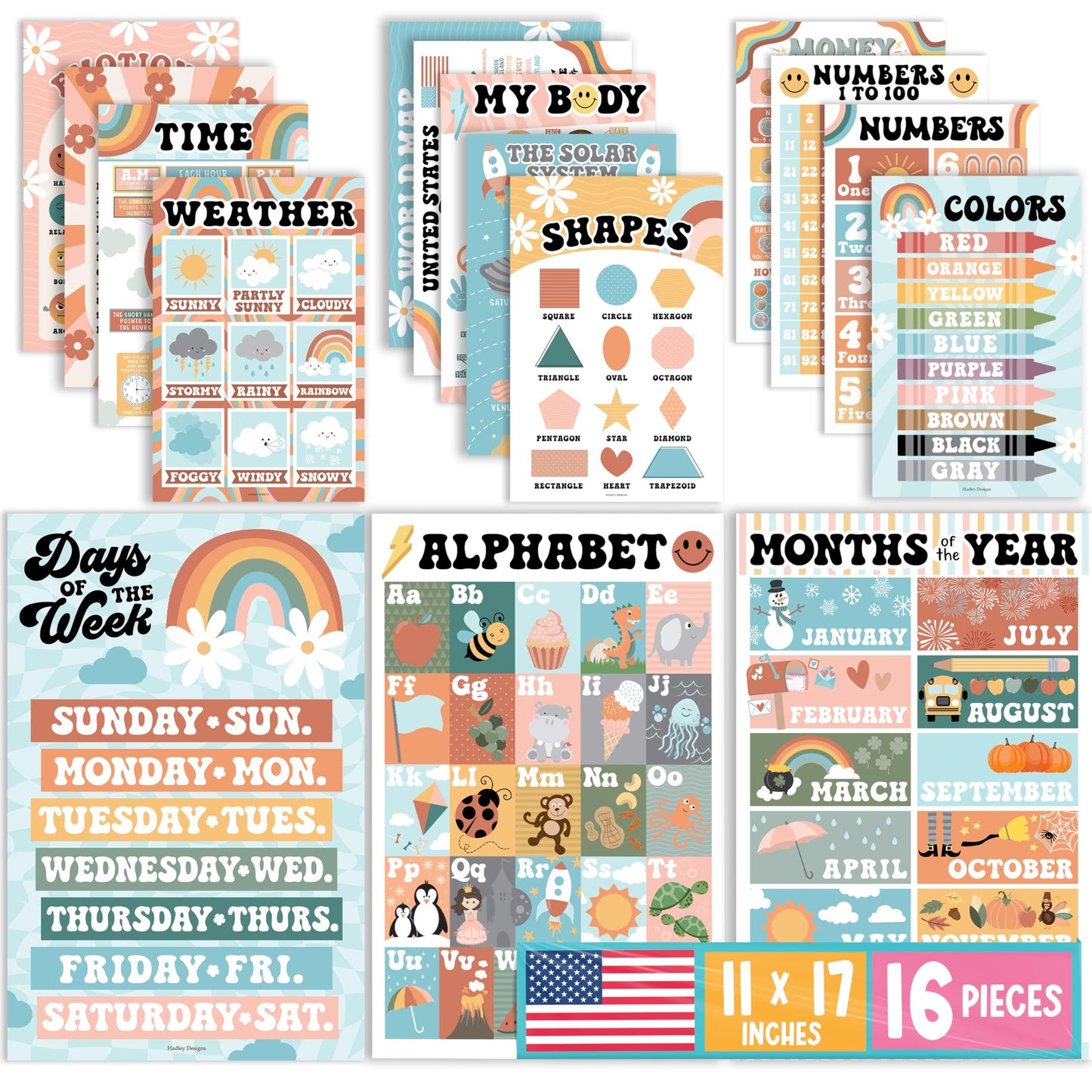 Hadley Designs 16 Educational Posters for Classroom Must Haves - Laminated Pre-K Posters for Toddler Homeschool Essentials, Toddler & Preschool Learning Activities, Kindergarten Classroom Decor