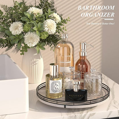 13" Oak Bathroom Vanity Tray Turntable for Perfume Candle, Round Wooden Decorative Tray for Kitchen Sink Countertop Organizer, Bathroom Counter Organizer for Skincare Makeup, Rustic Whitewashed