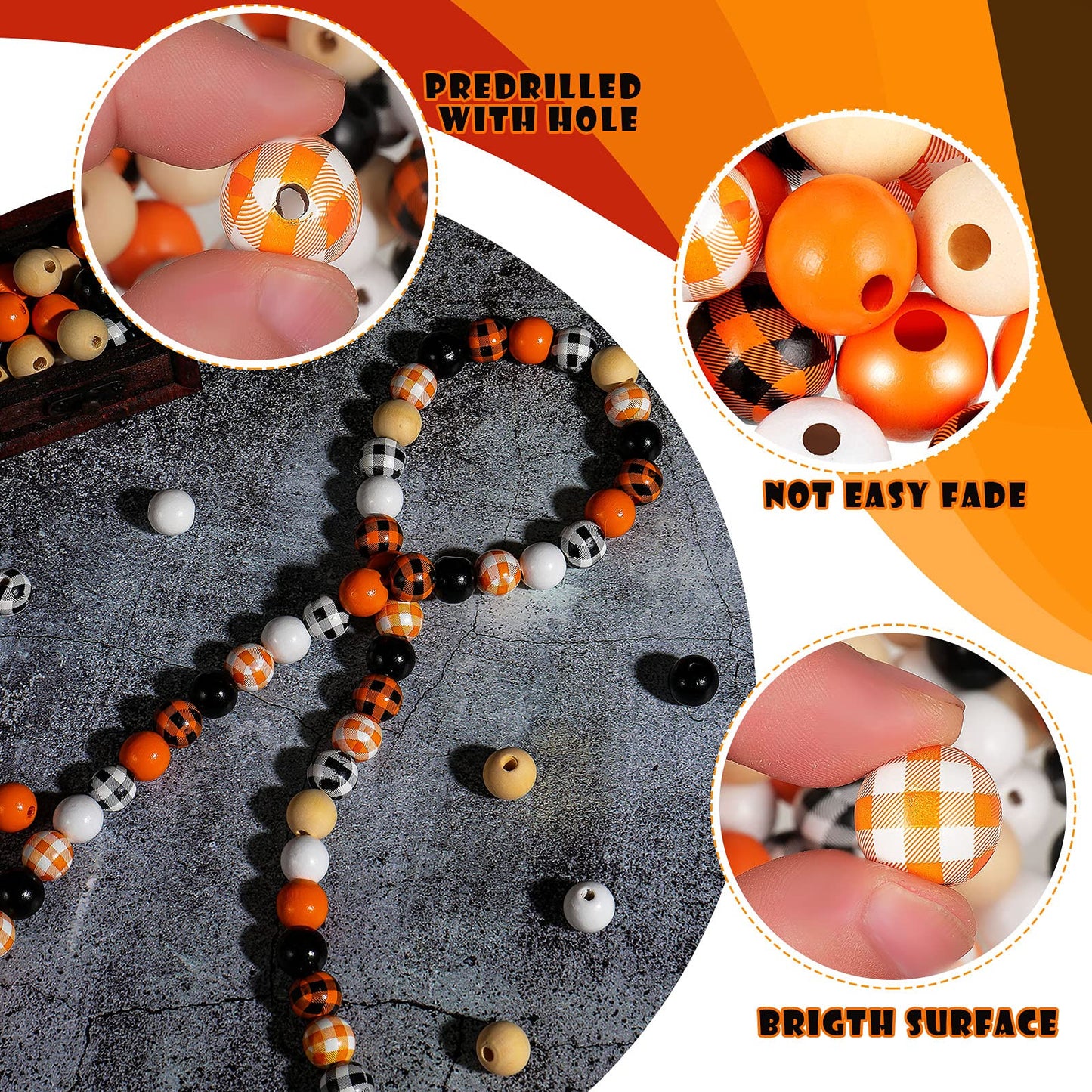 200 Pieces Halloween Wood Beads Buffalo Plaid Yellow Orange Black Wood Spacer Beads Round Rustic with Rope for Halloween Garland Decoration DIY Home Decor