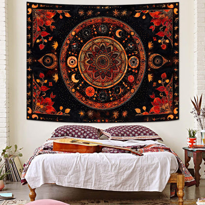 Lunerfex Mandala Moon and Stars Tapestry Boho Tapestry for Bedroom Black and Orange Tapestries Wall Hanging Living Room Wall Art and Home Decor 70x90