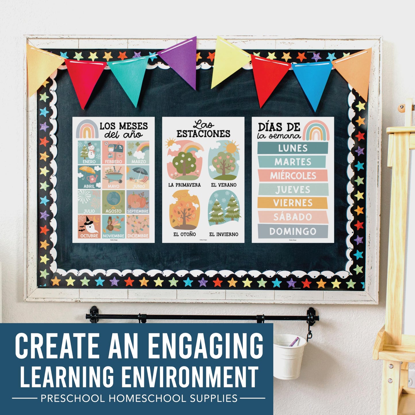 Hadley Designs Spanish Posters for Classroom - 12 Bilingual Educational Posters for Spanish Classroom Decorations Must Haves, Calendario y Alfabeto en Español Para la Pared, Boho Teacher Supplies