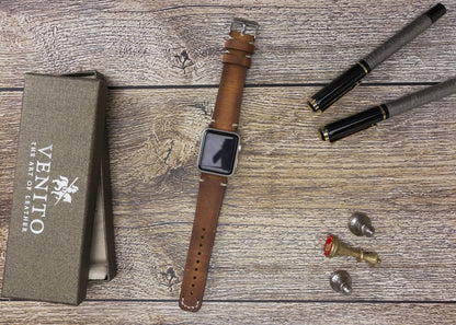 Venito Sarno for Apple Watch Band 41mm 40mm 38mm Handmade Premium Leather Watch Band Compatible with iWatch Series 10 9 8 7 6 5 4 3 2 1 SE (Antique Brown w/Silver Stainless Steel Hardware)
