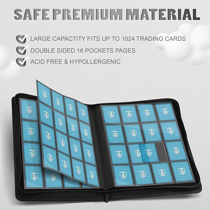 16 Pockets Trading Card Zipper Binder for 1000+ Cards| Secure Side Loading Pockets | Trading Card Album Folder | Compatible with YuGiOh, MTG,Sports Cards (Black 16)