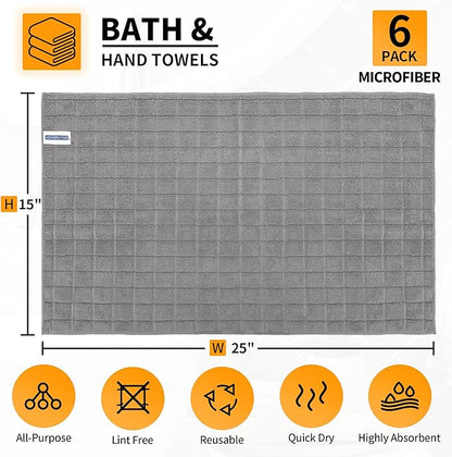 HOMERHYME Microfiber Hand Bath Towels, 6 Pack 25''*15'' Grey Bathroom Hand