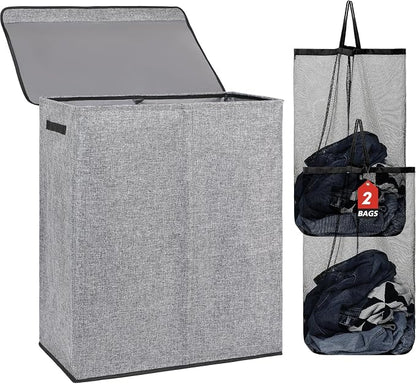 DOKEHOM 150L Extra Large Laundry Hamper with Lid, 2-Section Double Laundry Basket with Removable Mesh Liner Bags, Collapsible Clothes Sorter for Family, Bedroom, Laundry Room, Grey