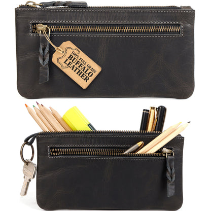 LEATHER TOWN Leather Pencil Case Pouch 8" x 4" - Leather Pen Case with Zipper (Black)