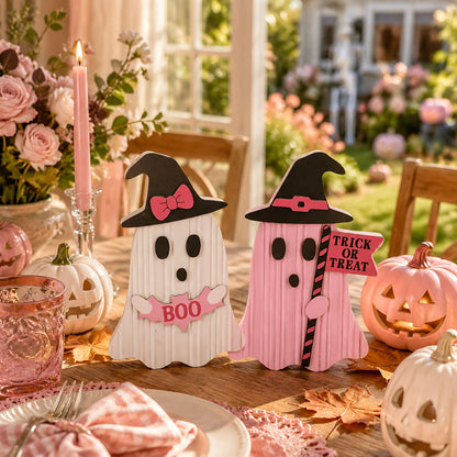 Valery Madelyn Pink Halloween Decorations, Set of 2 Cute Halloween Ghost Decor, Witch Hat Boo & Trick or Treat Wooden Tabletop Signs for Home, Shelf, Tiered Tray Party Display, 5 Inch
