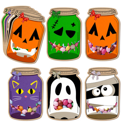 SHIEL-EVEN 50 Pack Halloween Mason Jar Candy Cards for Kids Classroom - School DIY Trick or Treat Bags, Halloween Candy Cards with Clear Bags, Holiday Gifts for Classroom Kids