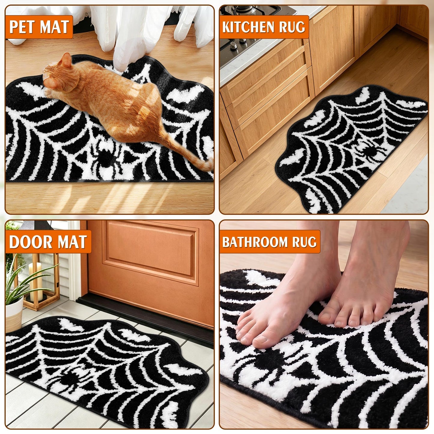 Hexagram Spider Web Bath Mat, Halloween Bathroom Rug 14x27.5 Inches, Halloween Rugs Bathroom Decor, Black Gothic Bath Mat, Ultra Soft Great Absorbency