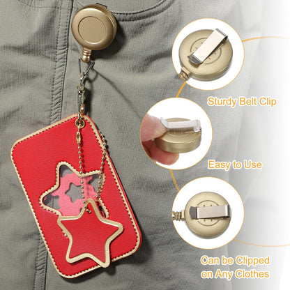 PATIKIL Retractable Badge Holders, 2 Pcs Cute Leather ID Holder with Badge Reels Keychain ID Card Clip Protector Cover for Women Work Office Business Trip, Pink/Light Blue