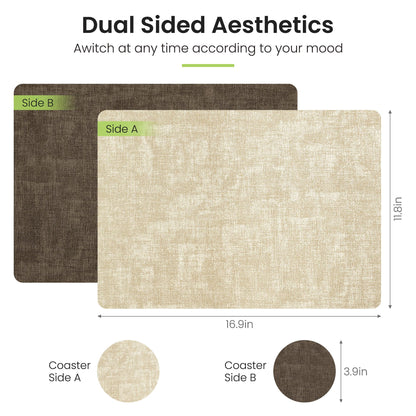 Fyvva Placemats Set of 6, Faux Leather Heat Resistant Wipeable Placemats, Dual Sided Waterproof Washable Table Mats with Coaster, Suitable for Kitchen, Dining, Table Decor (6, Beige Dark Coffee)