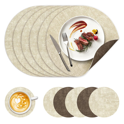 13" Round Placemats Set of 6, NCUE Dual-Sided Faux Leather Heat Resistant Table Mats, Waterproof Oilproof Washable Protective Table Placemats with Coaster, Wipeable Vinyl for Indoor & Outdoor Use
