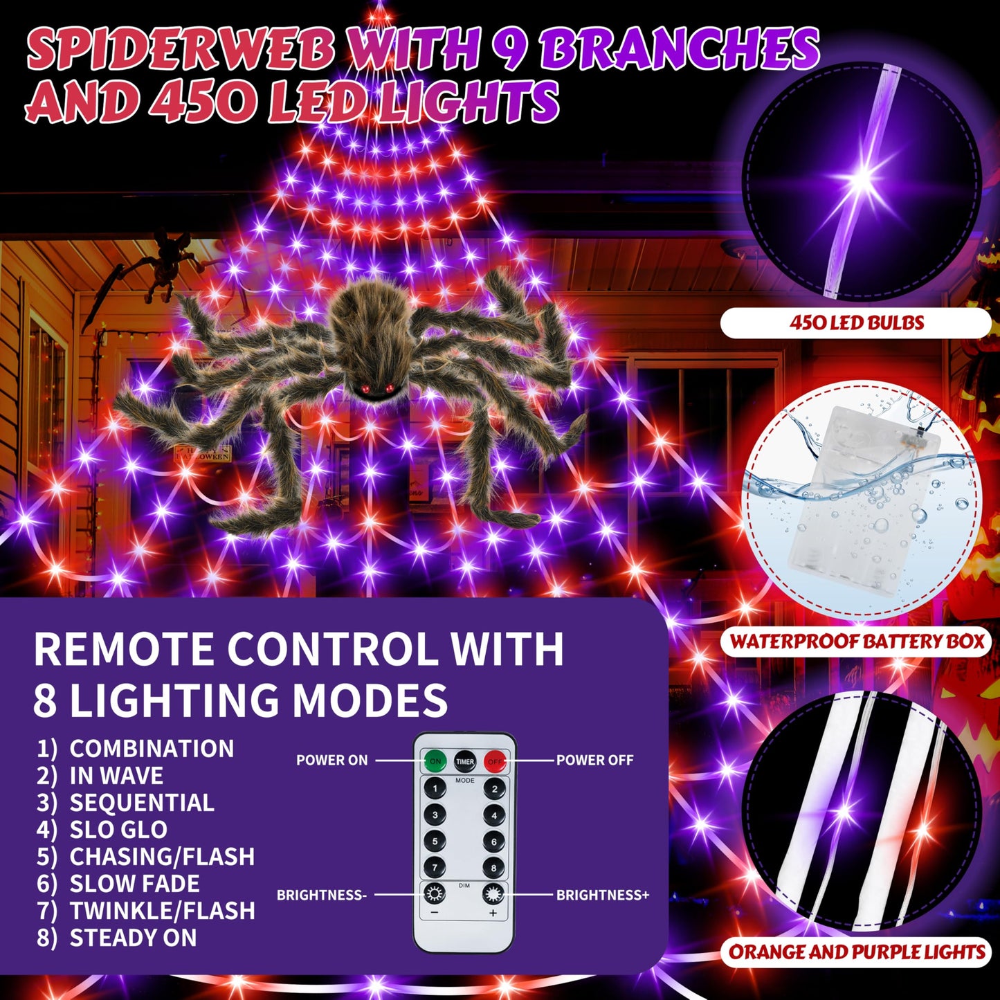 Halloween Spider Web Lights Giant Spider, 16.4Ft 450 LED Lighted Spider Web with with 8 Lighting Modes Waterproof & Timer for Indoor Outdoor House Haunted Yard Decor,Purple&Orange