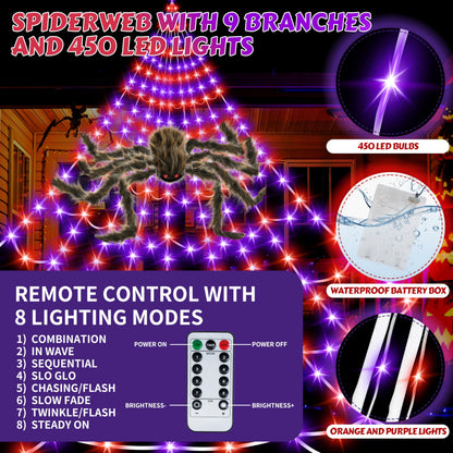 Halloween Spider Web Lights Giant Spider, 16.4Ft 450 LED Lighted Spider Web with with 8 Lighting Modes Waterproof & Timer for Indoor Outdoor House Haunted Yard Decor,Purple&Orange