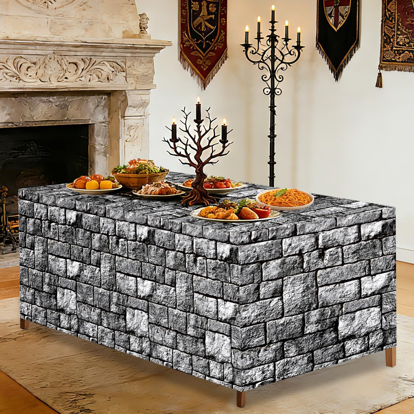 6Ft Medieval Brick Stone Wall Tablecloth Cobblestone Birthday Table Covers Decoration Castle Washable Fabric Polyester Rectangle Stone Table Cover for Halloween Knight Western Party Favors