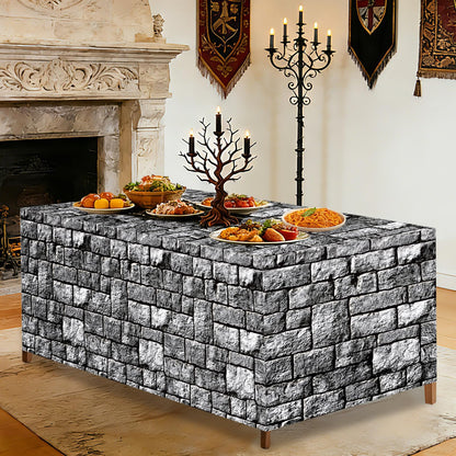 6Ft Medieval Brick Stone Wall Tablecloth Cobblestone Birthday Table Covers Decoration Castle Washable Fabric Polyester Rectangle Stone Table Cover for Halloween Knight Western Party Favors